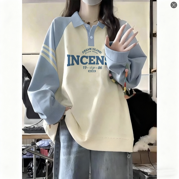 学生纯棉插肩袖撞色Polo领卫衣女大童秋冬加厚初中高中生宽松上衣