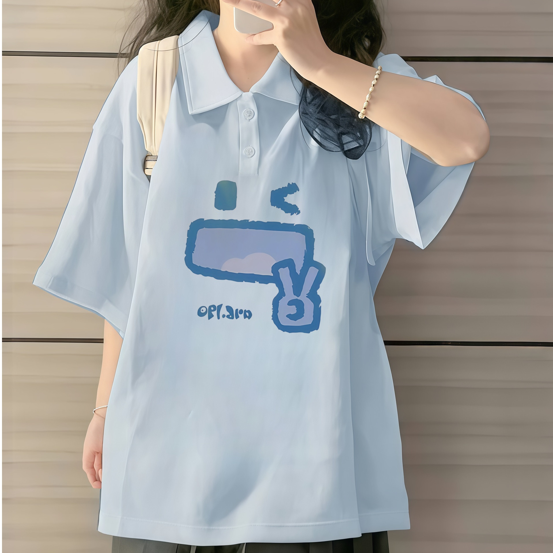 少女大童奶蓝色短袖polo衫夏装初中高中学生宽松纯棉半袖t恤上衣