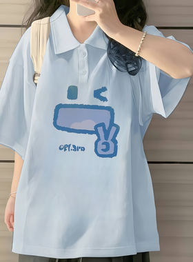 少女大童奶蓝色短袖polo衫夏装初中高中学生宽松纯棉半袖t恤上衣