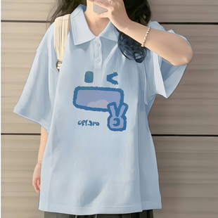 少女大童奶蓝色短袖polo衫夏装初中高中学生宽松纯棉半袖t恤上衣