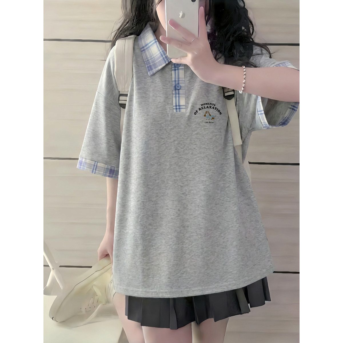 美式大童格子领polo衫短袖t恤女夏季初中高中学生宽松半袖上衣