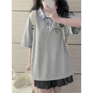 美式大童格子领polo衫短袖t恤女夏季初中高中学生宽松半袖上衣