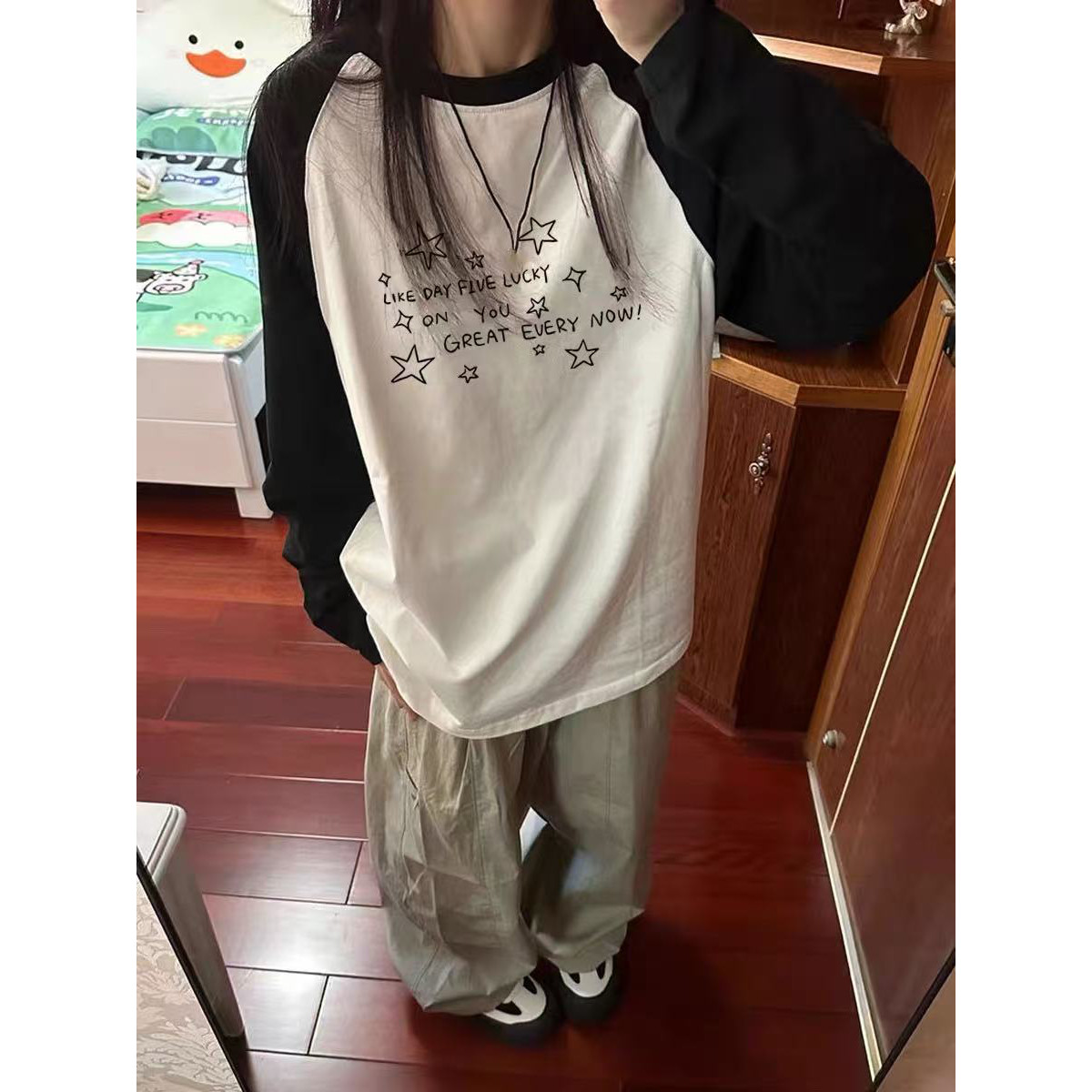 美式撞色纯棉长袖t恤女大童春秋款初中高中学生宽松打底衫上衣服图片