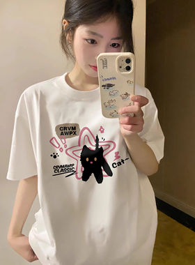 白色纯棉圆领短袖学生T恤薄款女