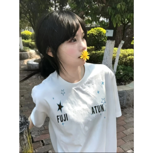 美式白色纯棉短袖t恤女大童2026新款韩系初中生夏日穿搭宽松上衣