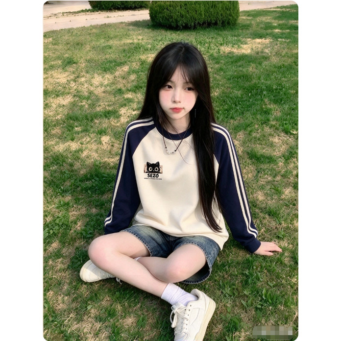 美式三条杠撞色插肩长袖T恤女大童春秋初中高中学生宽松打底上衣