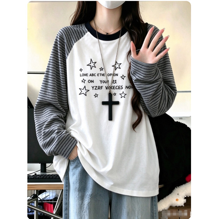 美式插肩拼接条纹长袖t恤女大童秋季初中高中学生宽松打底衫上衣