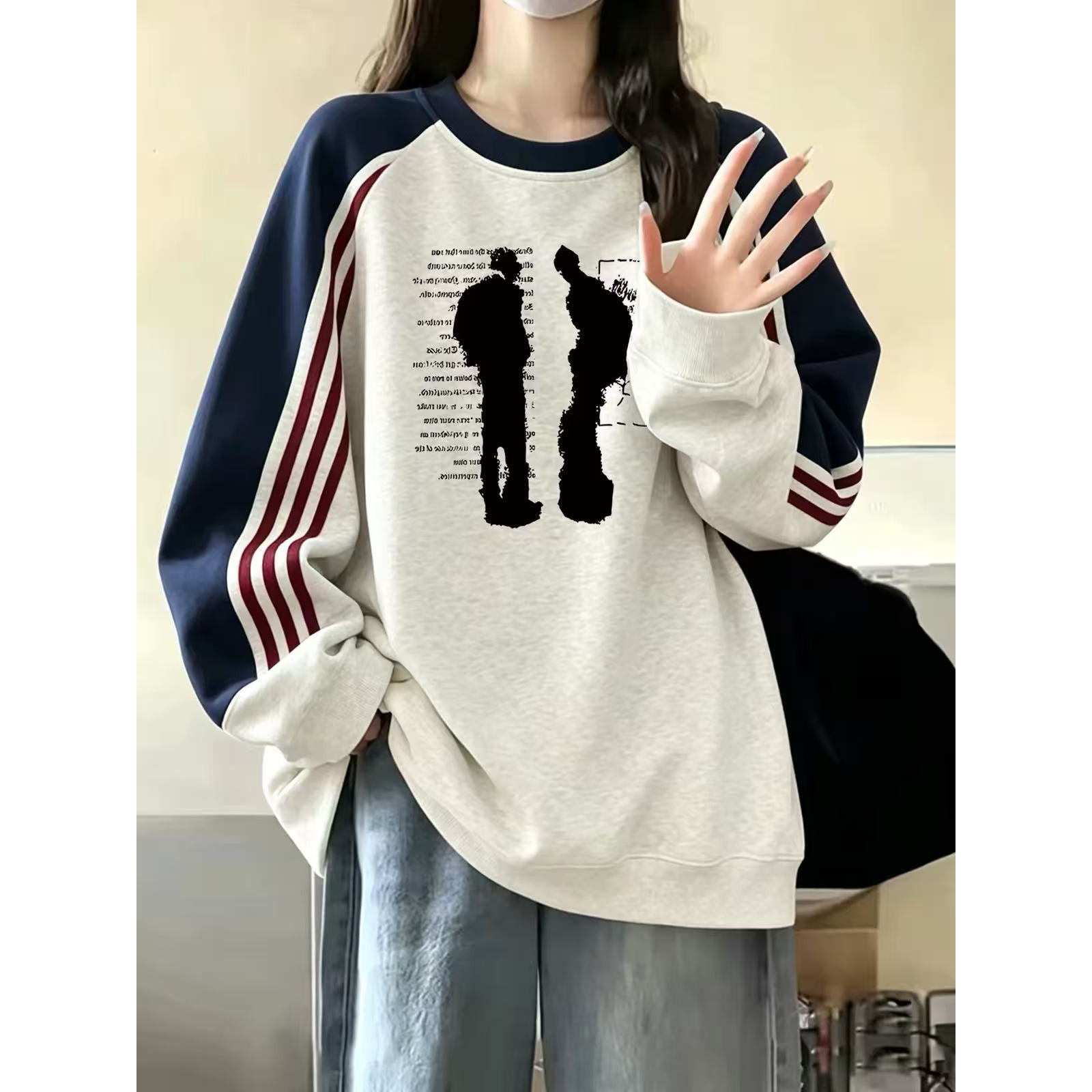 美式撞色拼接三条杠卫衣女大童春秋2026新款初中高中学生宽松上衣