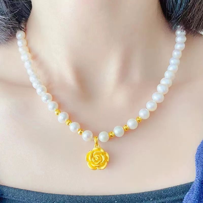 黄金玫瑰花吊坠珍珠项链