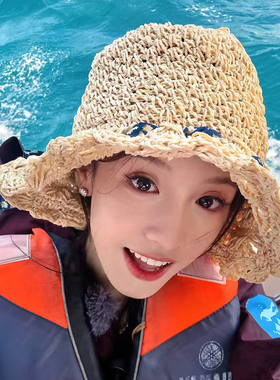 度假风草编帽女夏季海边遮阳防晒大檐帽编织纹理太阳帽蝴蝶结草帽