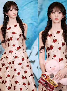 田曦薇同款裙子玫瑰印花无袖连衣裙女甜美气质衣服穿搭显瘦碎花裙