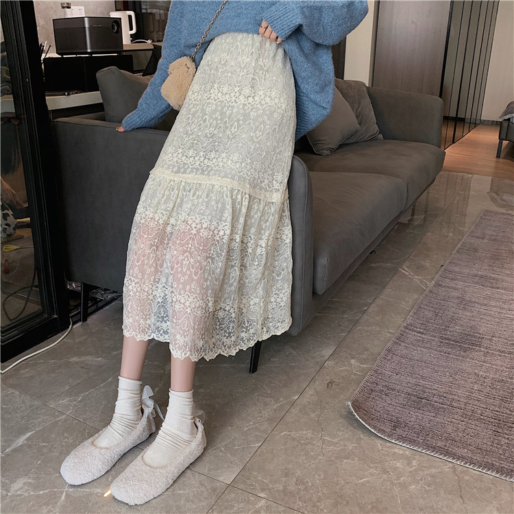 Real shooting lace skirt women's skirt Korean high waist slim dress