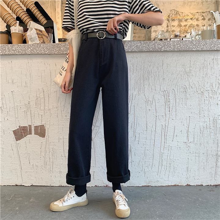 Real price with belt straight jeans female spring student wide leg loose Capris