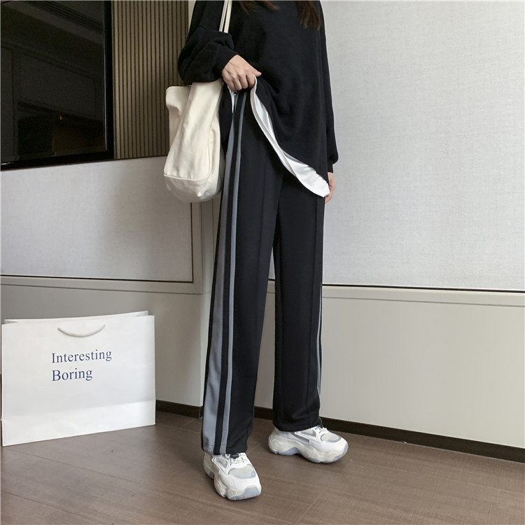 Real price trend ins Retro Black thick stripe sports pants versatile straight casual pants