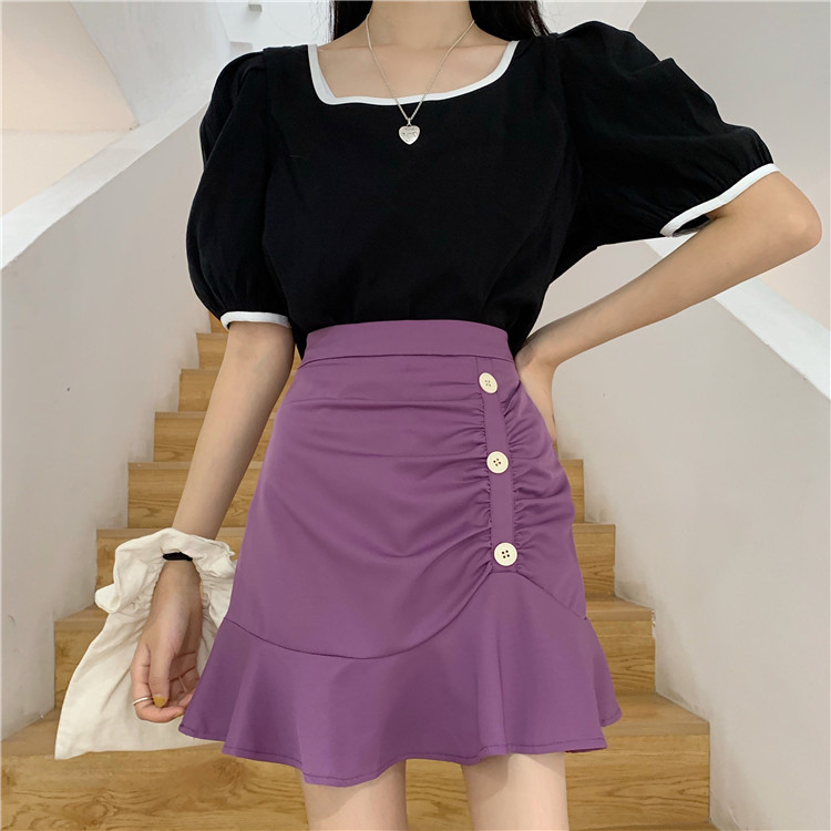 Real price high waist pure color fishtail skirt A-line skirt women's summer Korean short skirt