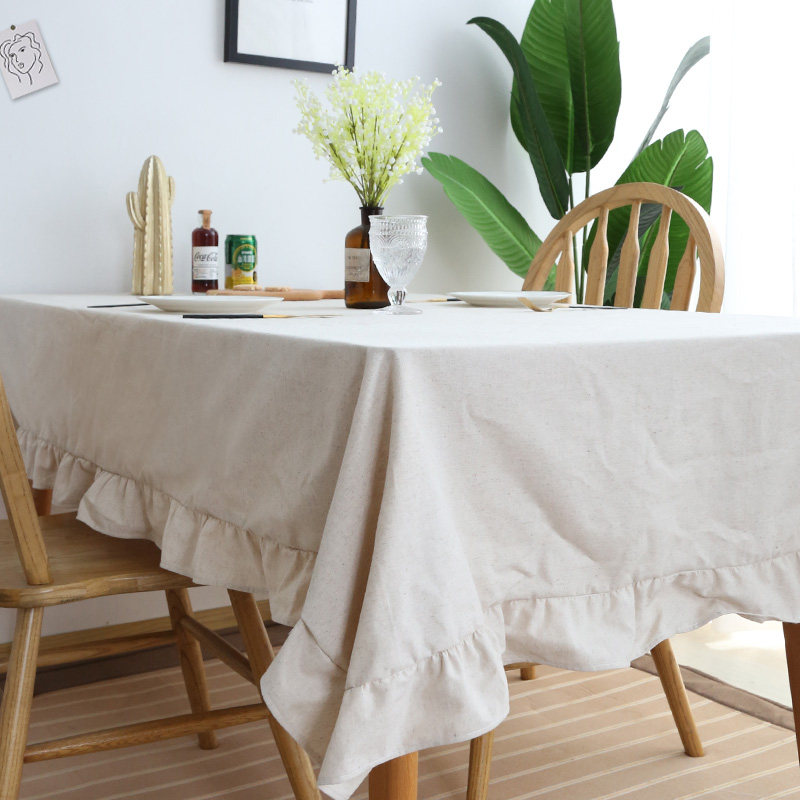 北欧简约亚麻纯色荷叶木耳边棉麻布艺餐桌书桌ins风 客厅茶几桌布