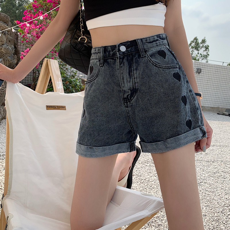 Real price ~ love embroidery jeans women's loose summer new small design High Waist Shorts