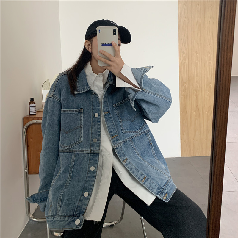 實拍實價~2021新款韓版寬鬆百搭休閒大口袋牛仔外套女上衣夾克