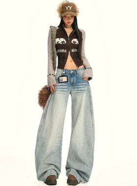 美式低腰复古牛仔裤女水洗休闲直筒裤宽松显瘦阔腿裤弯刀拖地裤