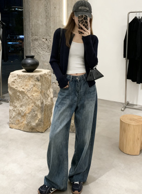 美式复古弯刀牛仔裤女秋冬高腰宽松显瘦阔腿裤重工水洗休闲拖地裤