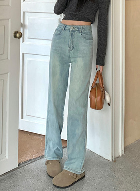 高腰显瘦弹力牛仔裤女2025秋季窄版直筒裤复古水洗怀旧浅蓝色裤子