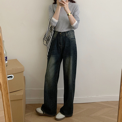 蓝灰色阔腿牛仔裤复古做旧直筒裤