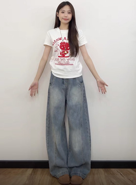 美式复古牛仔裤女2026春新款高腰宽松显瘦阔腿裤弯刀裤拖地镰刀裤