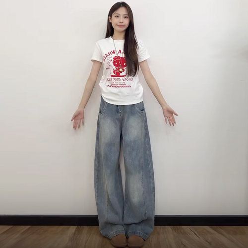 美式复古牛仔裤女显瘦阔腿弯刀裤