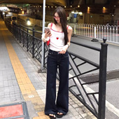 辣妹显瘦深蓝色丹宁低腰直筒喇叭裤 美式 新款 女春季 复古微喇牛仔裤