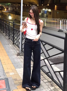 美式复古微喇牛仔裤女秋冬季显瘦辣妹深蓝色丹宁低腰喇叭裤阔腿裤