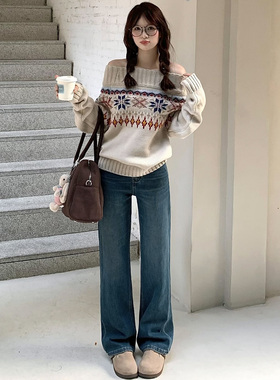 直筒牛仔裤女秋冬季加绒高腰宽松显瘦复古蓝色弹力百搭窄版阔腿裤