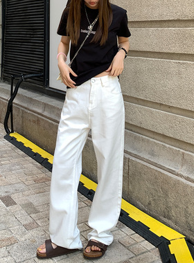 白色直筒牛仔裤女2025年春季新款高腰宽松窄版阔腿裤垂感休闲裤子