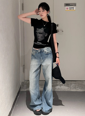 美式复古直筒牛仔裤女秋季水洗高腰宽松显瘦阔腿裤慵懒感拖地裤