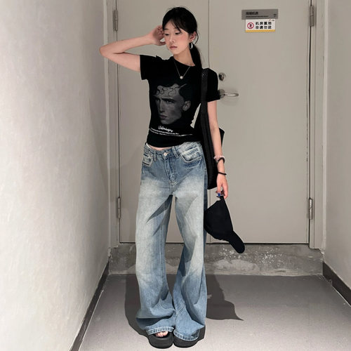 美式复古直筒牛仔裤显瘦阔腿裤
