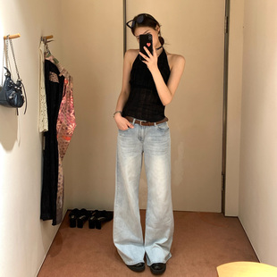 美式微喇牛仔裤女春夏宽松显瘦中高腰喇叭裤浅蓝色休闲复古拖地裤