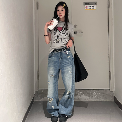 美式复古破洞牛仔裤高腰阔腿裤