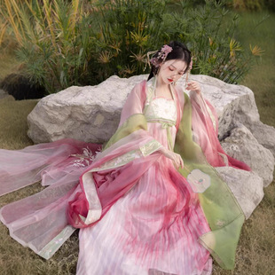 春日宴粉色晕染外绣花大袖 诃子裙夏粉色桃花摄影古风仙女重工