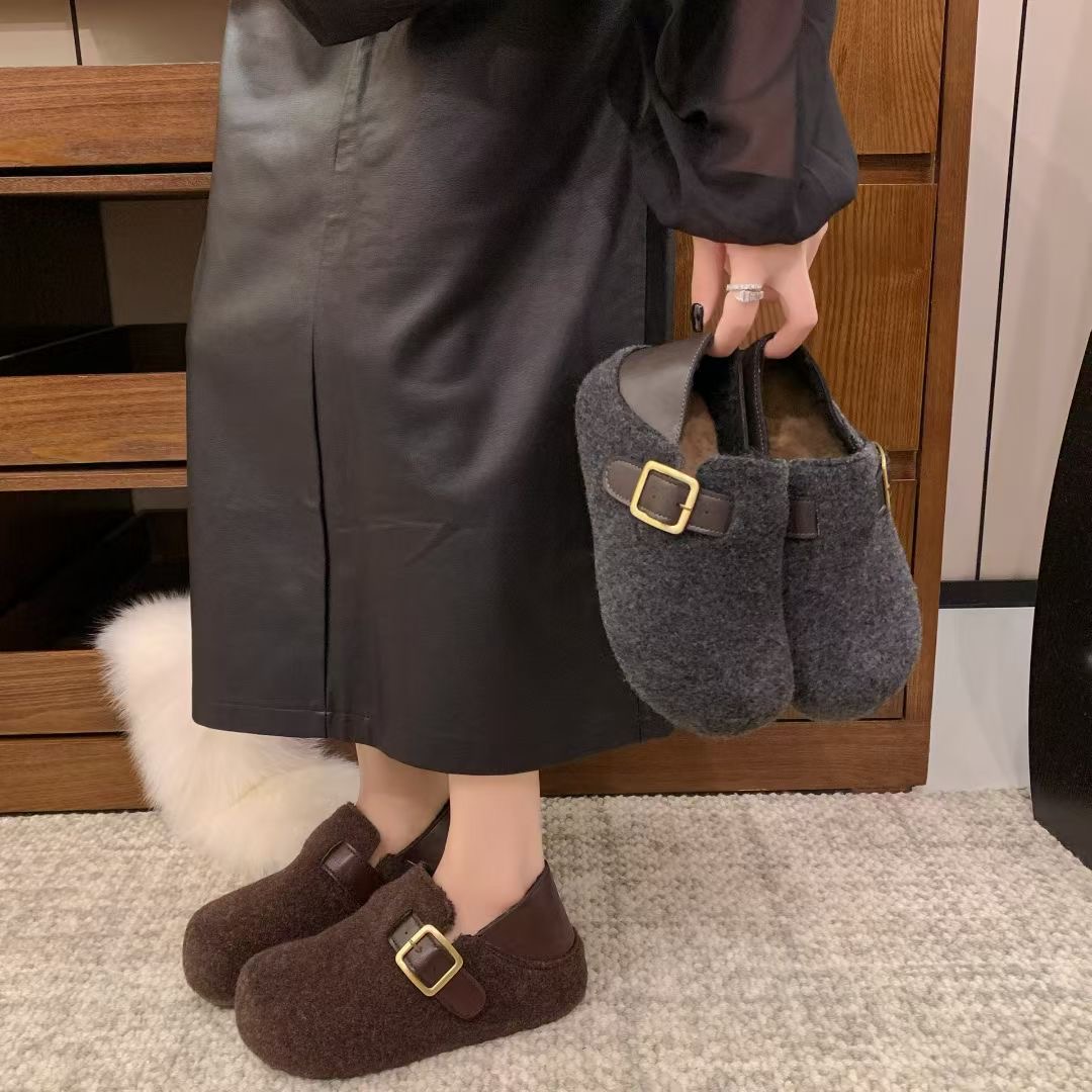 厚底高级感两穿勃肯鞋2025新款秋冬毛呢懒人加绒防兔毛棉鞋D918-1