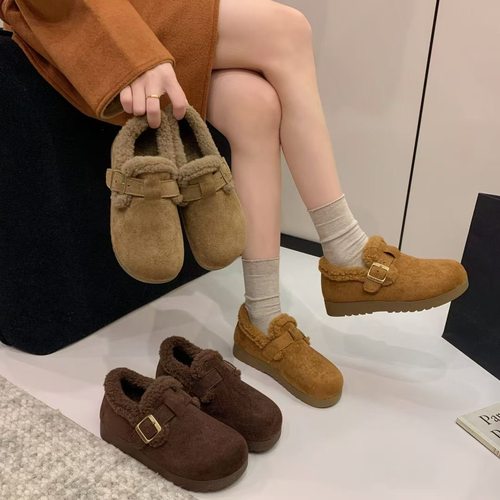 2025冬季新款加绒平底保暖勃肯鞋女外穿软底软面一脚蹬棉鞋D052