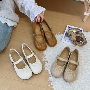 气质仙女风软皮平底芭蕾单鞋 韩版 2301 褶皱软皮奶奶鞋 FGZ2026新款