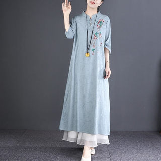 茶服女棉麻连衣裙两件套文艺复古禅意茶艺师服装春夏季中国风茶道