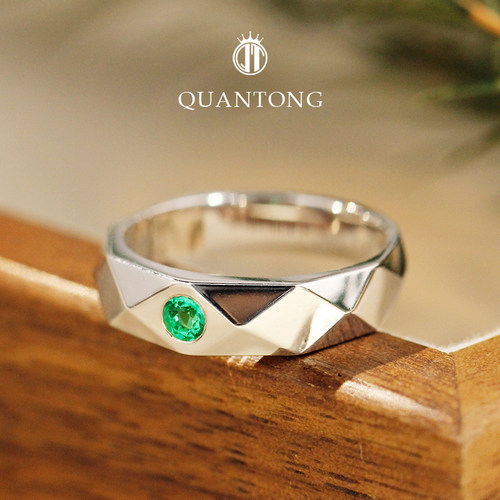 培育圆形祖母绿S925银戒指百搭