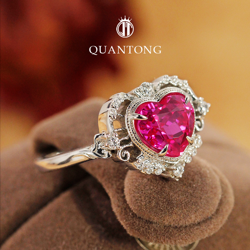 培育心形粉蓝宝S925银戒指个性