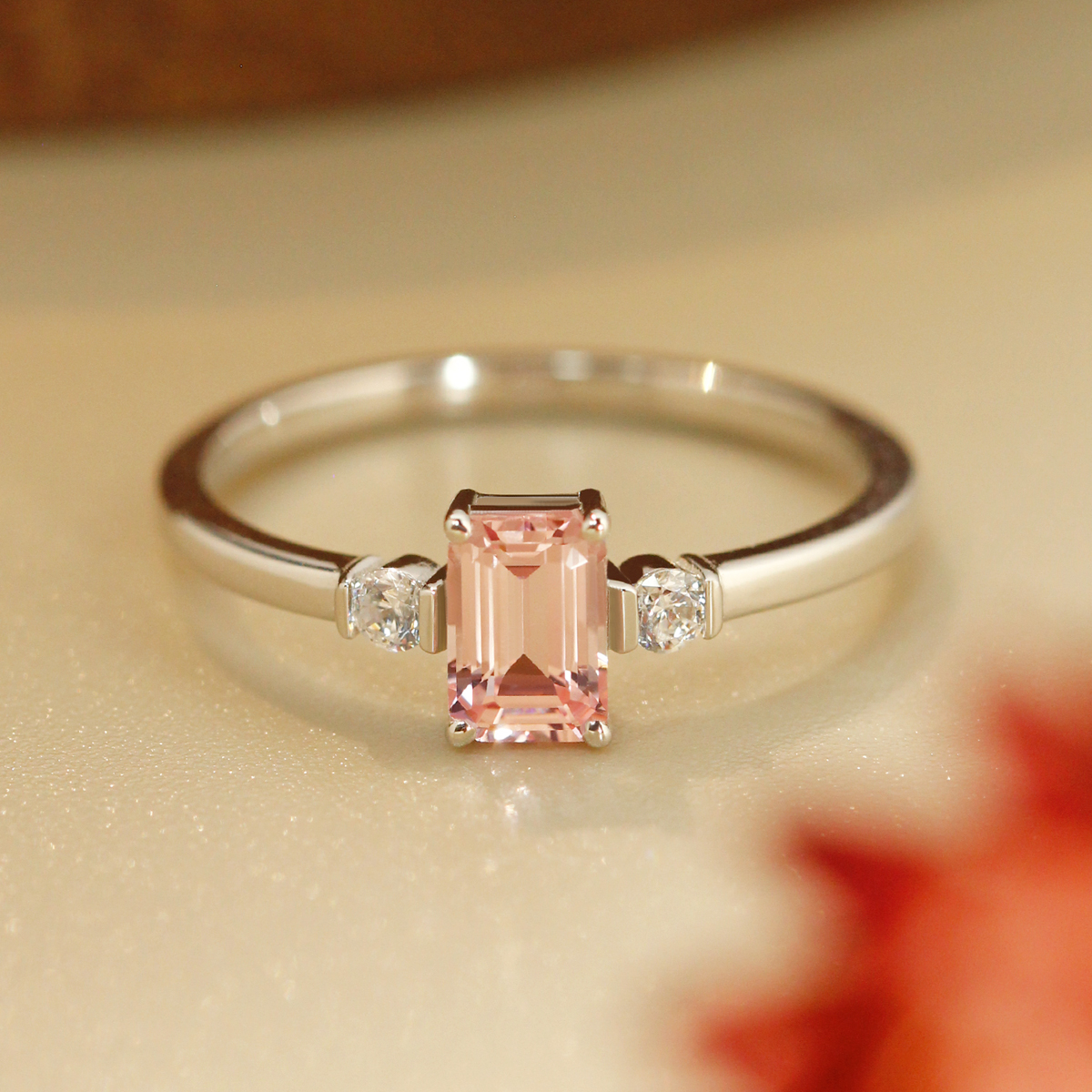 S925银方形摩根粉戒指简约百搭