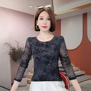 印花网纱上衣女秋季内搭2026新款蕾丝打底衫洋气减龄长袖t恤