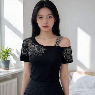 设计感重工烫钻上衣短袖T恤女款夏装2026新款洋气减龄小衫打底衫