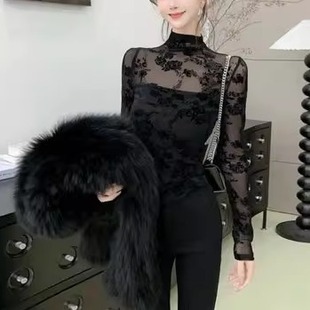 性感半高领蕾丝打底衫女内搭可单穿2025春秋新款纯欲微透视小衫女