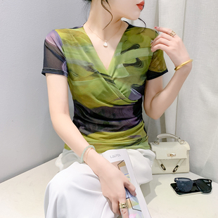 夏季新款韩版晕染短袖T恤女性感交叉V领半袖小衫时尚洋气显瘦上衣