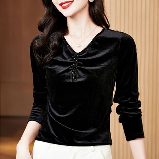 丝绒V领T恤女长袖2025秋冬新款时尚加绒内搭小衫黑色打底衫上衣潮