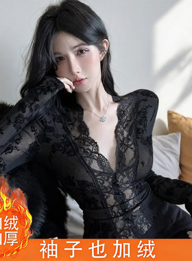 常规/加绒 性感蕾丝花边V领显瘦小个子短款长袖上衣内搭外穿小衫